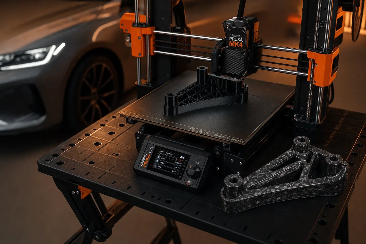 3D printer extruding a black part beside a forged carbon fiber mold with orange lighting