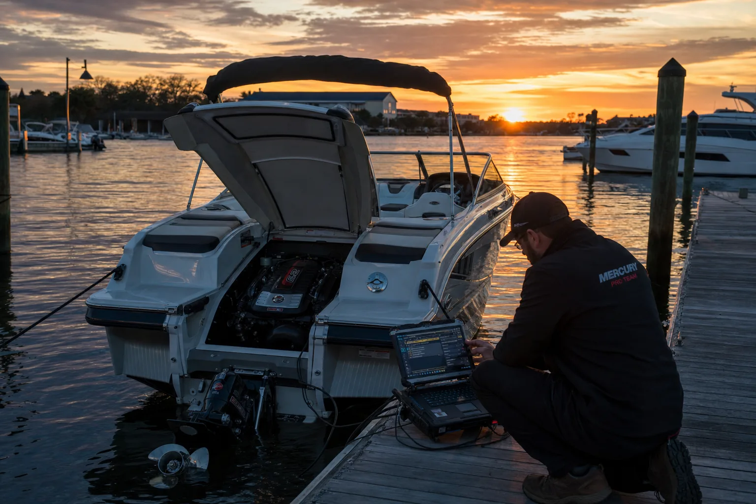 Sterndrive boat at a marina dock with the engine hatch open and a laptop connected