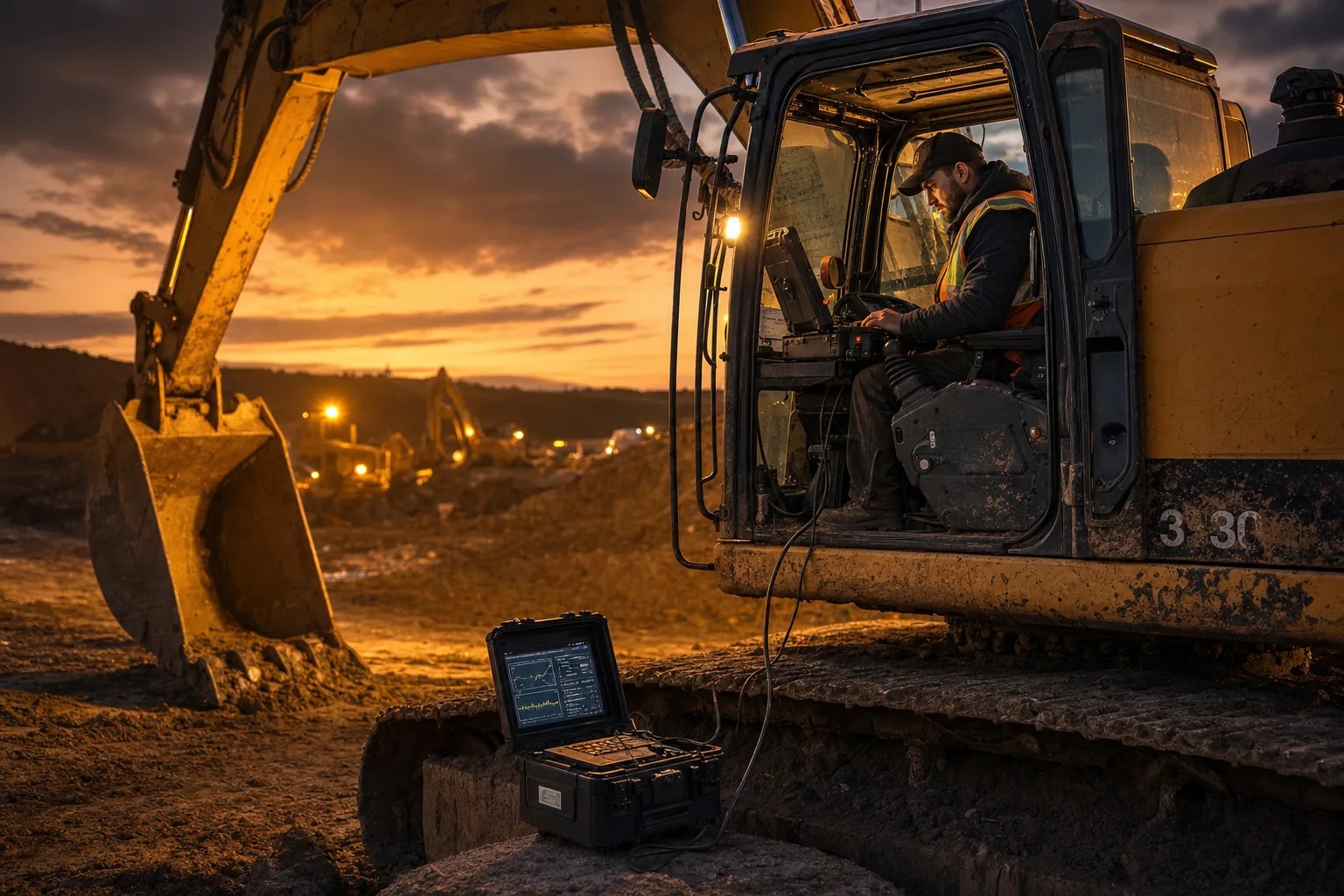 Heavy equipment excavator on a job site with a diagnostic laptop connected to the cab