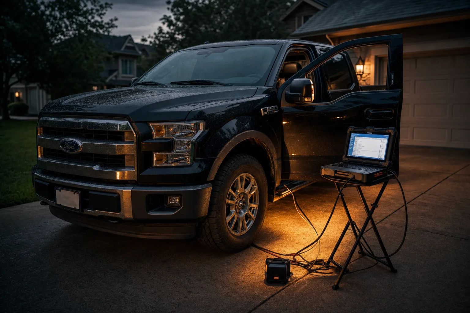 2019 Ford F-150 5.0L parked in a driveway with a diagnostic laptop connected
