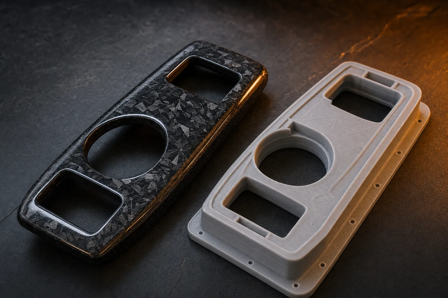 Forged carbon fiber automotive trim piece with a 3D-printed mold beside it