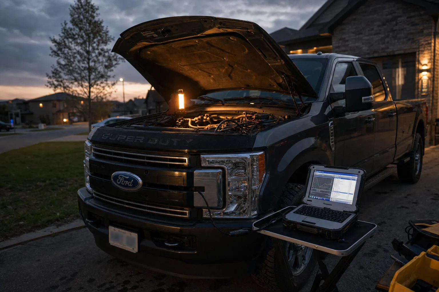2021 Ford Power Stroke diesel truck with the hood up and diagnostic laptop on a portable stand