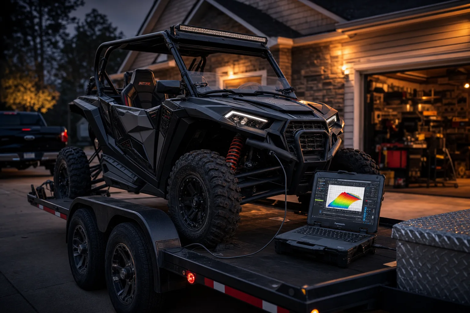 Can-Am Maverick side-by-side on a trailer in a driveway with a laptop connected
