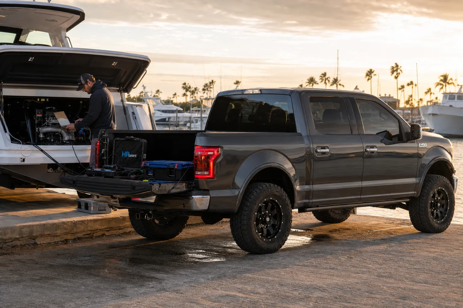 Mobile service truck with organized tools and diagnostic equipment at dusk